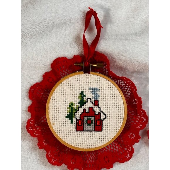 7 Christmas-Themed Cross Stitch Ornaments Lace Trim & Hanging Ribbons Handmade - Picture 7 of 16